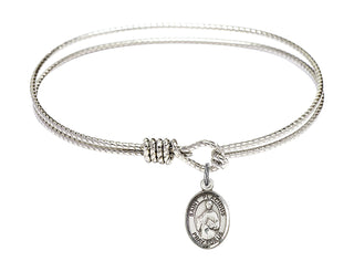 6 1/4 inch Oval Eye Hook Rhodium Bangle Bracelet with a Sterling Silver Saint Placidus charm. Engraved Catholic Saint Jewelry