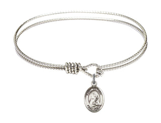 6 1/4 inch Oval Eye Hook Rhodium Bangle Bracelet with a Sterling Silver Saint Victoria charm. Engraved Catholic Saint Jewelry