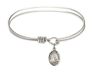 6 1/4 inch Oval Eye Hook Rhodium Bangle Bracelet with a Sterling Silver Saint James the Lesser charm. Engraved Catholic Saint Jewelry