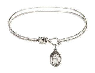 6 1/4 inch Oval Eye Hook Rhodium Bangle Bracelet with a Sterling Silver Saint Susanna charm. Engraved Catholic Saint Jewelry