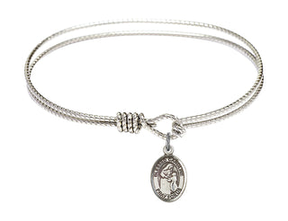 6 1/4 inch Oval Eye Hook Rhodium Bangle Bracelet with a Sterling Silver Blessed Caroline Gerhardinger charm. Engraved Catholic Saint Jewelry