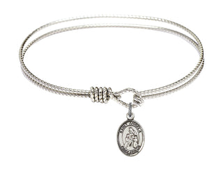6 1/4 inch Oval Eye Hook Rhodium Bangle Bracelet with a Sterling Silver Saint Angela Merici charm. Engraved Catholic Saint Jewelry