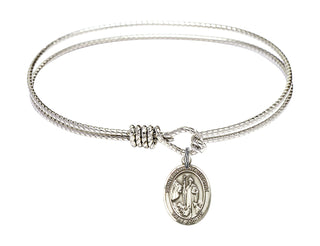 6 1/4 inch Oval Eye Hook Rhodium Bangle Bracelet with a Sterling Silver Saint Anthony of Egypt charm. Engraved Catholic Saint Jewelry