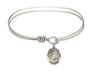 6 1/4 inch Oval Eye Hook Rhodium Bangle Bracelet with a Sterling Silver Saint Edburga of Winchester charm. Engraved Catholic Saint Jewelry