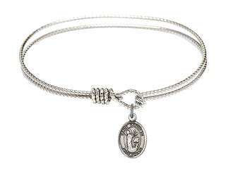 6 1/4 inch Oval Eye Hook Rhodium Bangle Bracelet with a Sterling Silver Saint Kenneth charm. Engraved Catholic Saint Jewelry