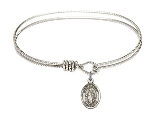 6 1/4 inch Oval Eye Hook Rhodium Bangle Bracelet with a Sterling Silver Saint Clement charm. Engraved Catholic Saint Jewelry