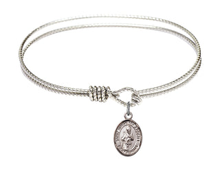 6 1/4 inch Oval Eye Hook Rhodium Bangle Bracelet with a Sterling Silver Saint Simon the Apostle charm. Engraved Catholic Saint Jewelry