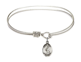 6 1/4 inch Oval Eye Hook Rhodium Bangle Bracelet with a Sterling Silver Saint Uriel the Archangel charm. Engraved Catholic Saint Jewelry