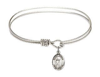 6 1/4 inch Oval Eye Hook Rhodium Bangle Bracelet with a Sterling Silver Saint Aidan of Lindesfarne charm. Engraved Catholic Saint Jewelry