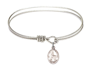 6 1/4 inch Oval Eye Hook Rhodium Bangle Bracelet with a Sterling Silver Blessed Emilee Doultremont charm. Engraved Catholic Saint Jewelry
