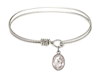 6 1/4 inch Oval Eye Hook Rhodium Bangle Bracelet with a Sterling Silver Saint Jacob of Nisibis charm. Engraved Catholic Saint Jewelry