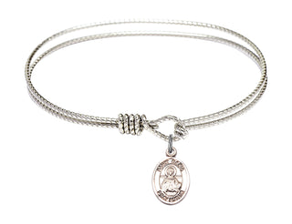 6 1/4 inch Oval Eye Hook Rhodium Bangle Bracelet with a Sterling Silver Saint Daria charm. Engraved Catholic Saint Jewelry