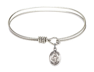 6 1/4 inch Oval Eye Hook Rhodium Bangle Bracelet with a Sterling Silver Saint Dismas charm. Engraved Catholic Saint Jewelry