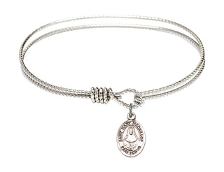 6 1/4 inch Oval Eye Hook Rhodium Bangle Bracelet with a Sterling Silver Saint Mary Mackillop charm. Engraved Catholic Saint Jewelry