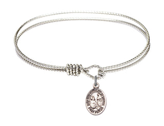 6 1/4 inch Oval Eye Hook Rhodium Bangle Bracelet with a Sterling Silver Saint Mary Magdalene of Canossa charm. Engraved Catholic Saint Jewelry