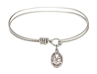 6 1/4 inch Oval Eye Hook Rhodium Bangle Bracelet with a Sterling Silver Saint Claude de la Colombiere charm. Engraved Catholic Saint Jewelry