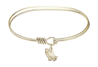 7 inch Oval Eye Hook Hamilton Gold Bangle Bracelet with a 14kt Gold Filled Praying Hands charm.