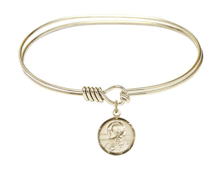 7 inch Oval Eye Hook Hamilton Gold Bangle Bracelet with a 14kt Gold Filled Scapular charm. Engraved Catholic Saint Jewelry