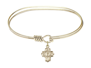 7 inch Oval Eye Hook Hamilton Gold Bangle Bracelet with a 14kt Gold Filled Communion 5-Way charm.