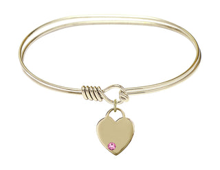 7 inch Oval Eye Hook Hamilton Gold Bangle Bracelet with a 14kt Gold Filled Heart charm. Engraved Catholic Saint Jewelry