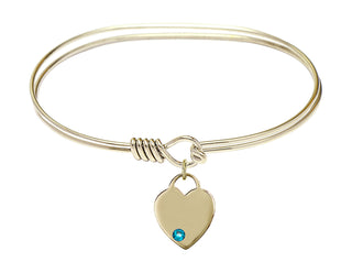 7 inch Oval Eye Hook Hamilton Gold Bangle Bracelet with a 14kt Gold Filled Heart charm. Engraved Catholic Saint Jewelry