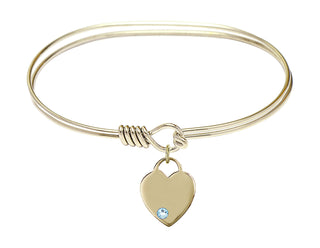 7 inch Oval Eye Hook Hamilton Gold Bangle Bracelet with a 14kt Gold Filled Heart charm. Engraved Catholic Saint Jewelry