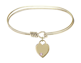 7 inch Oval Eye Hook Hamilton Gold Bangle Bracelet with a 14kt Gold Filled Heart charm. Engraved Catholic Saint Jewelry