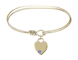 7 inch Oval Eye Hook Hamilton Gold Bangle Bracelet with a 14kt Gold Filled Heart charm. Engraved Catholic Saint Jewelry