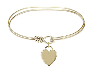 7 inch Oval Eye Hook Hamilton Gold Bangle Bracelet with a 14kt Gold Filled Heart charm. Engraved Catholic Saint Jewelry