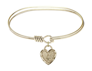 7 inch Oval Eye Hook Hamilton Gold Bangle Bracelet with a 14kt Gold Filled Miraculous Heart charm. Engraved Catholic Saint Jewelry