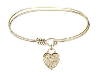 7 inch Oval Eye Hook Hamilton Gold Bangle Bracelet with a 14kt Gold Filled Guardian Angel Heart charm. Engraved Catholic Saint Jewelry
