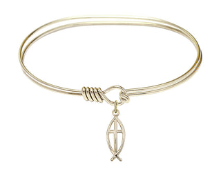 7 inch Oval Eye Hook Hamilton Gold Bangle Bracelet with a 14kt Gold Filled Fish / Cross charm.