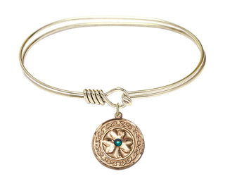 7 inch Oval Eye Hook Hamilton Gold Bangle Bracelet with a 14kt Gold Filled Shamrock with Celtic Border charm.