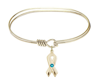 7 inch Oval Eye Hook Hamilton Gold Bangle Bracelet with a 14kt Gold Filled Cancer Awareness charm.