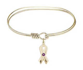 7 inch Oval Eye Hook Hamilton Gold Bangle Bracelet with a 14kt Gold Filled Cancer Awareness charm.