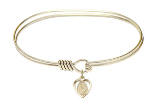 7 inch Oval Eye Hook Hamilton Gold Bangle Bracelet with a 14kt Gold Filled Scapular charm.