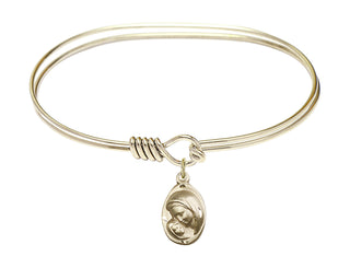 7 inch Oval Eye Hook Hamilton Gold Bangle Bracelet with a 14kt Gold Filled Madonna & Child charm.