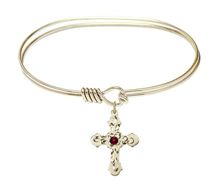 7 inch Oval Eye Hook Hamilton Gold Bangle Bracelet with a 14kt Gold Filled Cross charm. Engraved Catholic Saint Jewelry