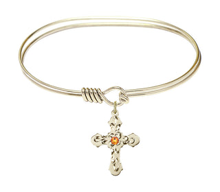 7 inch Oval Eye Hook Hamilton Gold Bangle Bracelet with a 14kt Gold Filled Cross charm. Engraved Catholic Saint Jewelry