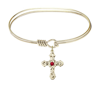 7 inch Oval Eye Hook Hamilton Gold Bangle Bracelet with a 14kt Gold Filled Cross charm. Engraved Catholic Saint Jewelry