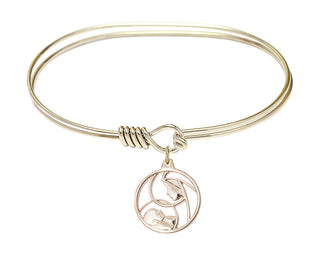 7 inch Oval Eye Hook Hamilton Gold Bangle Bracelet with a 14kt Gold Filled Madonna and Child charm.