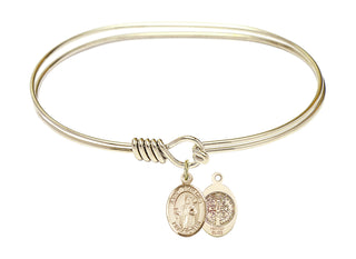 7 inch Oval Eye Hook Hamilton Gold Bangle Bracelet with a 14kt Gold Filled Saint Benedict charm.