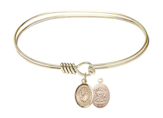 7 inch Oval Eye Hook Hamilton Gold Bangle Bracelet with a 14kt Gold Filled Saint Christopher / Navy charm.