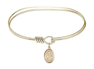 7 inch Oval Eye Hook Hamilton Gold Bangle Bracelet with a 14kt Gold Filled Saint Genevieve charm. Engraved Catholic Saint Jewelry