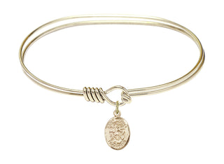 7 inch Oval Eye Hook Hamilton Gold Bangle Bracelet with a 14kt Gold Filled Saint Michael the Archangel charm. Engraved Catholic Saint Jewelry