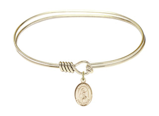 7 inch Oval Eye Hook Hamilton Gold Bangle Bracelet with a 14kt Gold Filled Saint Rita of Cascia charm. Engraved Catholic Saint Jewelry