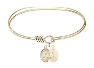 7 inch Oval Eye Hook Hamilton Gold Bangle Bracelet with a 14kt Gold Filled Scapular charm. Engraved Catholic Saint Jewelry
