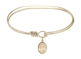 7 inch Oval Eye Hook Hamilton Gold Bangle Bracelet with a 14kt Gold Filled Saint Leo the Great charm. Engraved Catholic Saint Jewelry