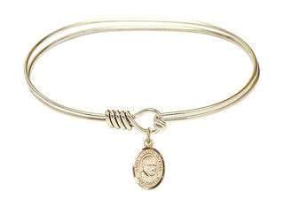 7 inch Oval Eye Hook Hamilton Gold Bangle Bracelet with a 14kt Gold Filled Saint Vincent de Paul charm. Engraved Catholic Saint Jewelry