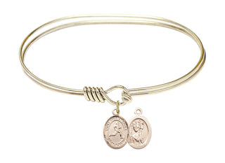 7 inch Oval Eye Hook Hamilton Gold Bangle Bracelet with a 14kt Gold Filled Saint Christopher/Track & Field charm.